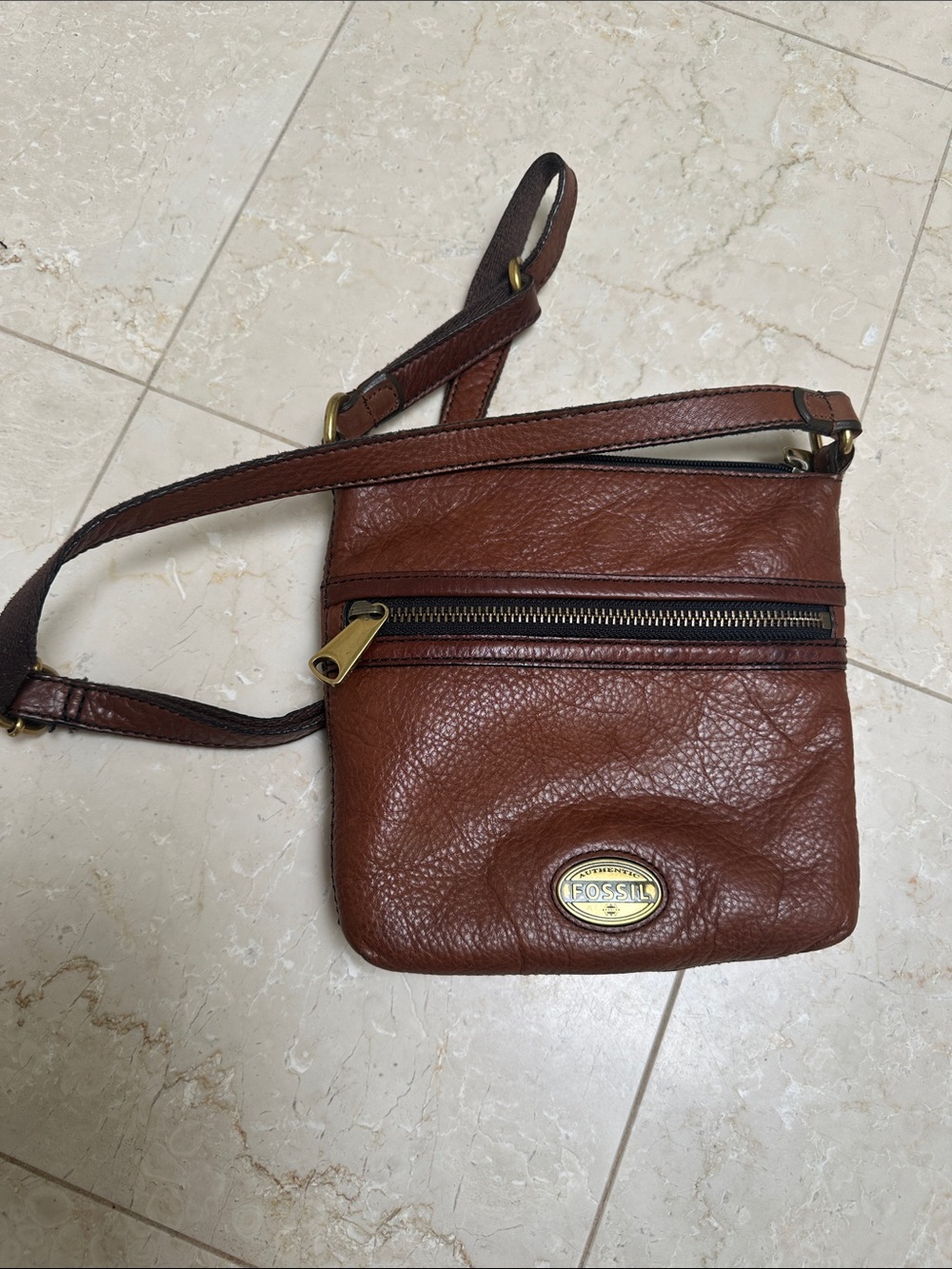 Fossil Brown Leather Crossbody Messenger Bag with Brass Hardware